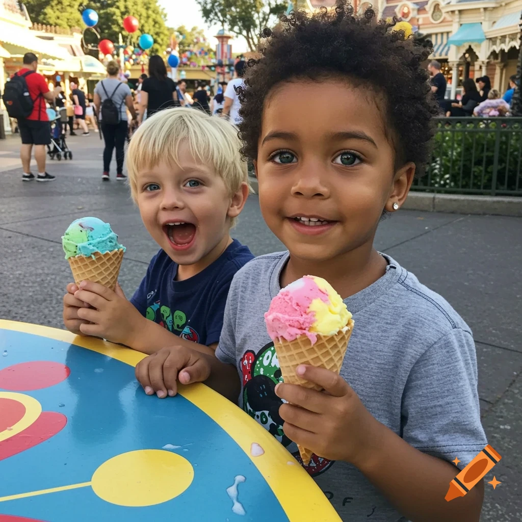 Two smiling boys, one blonde and one with curly dark hair, hold ice cream cones at a sunny theme park.