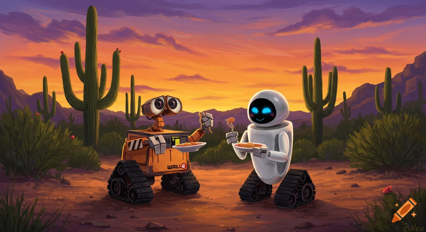WALL-E and EVE, cartoon robots, eat spaghetti in a desert with saguaro cacti under a vibrant sunset.
