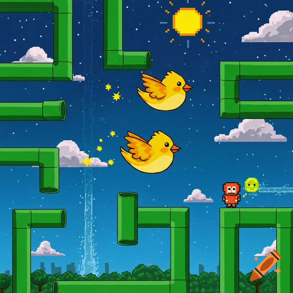 Pixel art scene featuring two yellow birds flying between green pipes against a starry night sky, reminiscent of Flappy Bird.