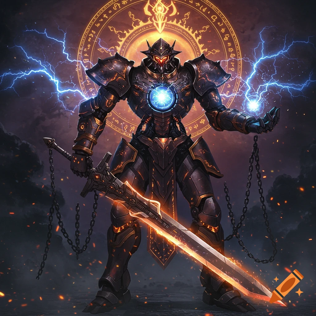 A colossal dark armored mech with glowing orange and blue runes, holding a fiery Dragonslayer sword, surrounded by lightning and a mystical alchemical insignia.