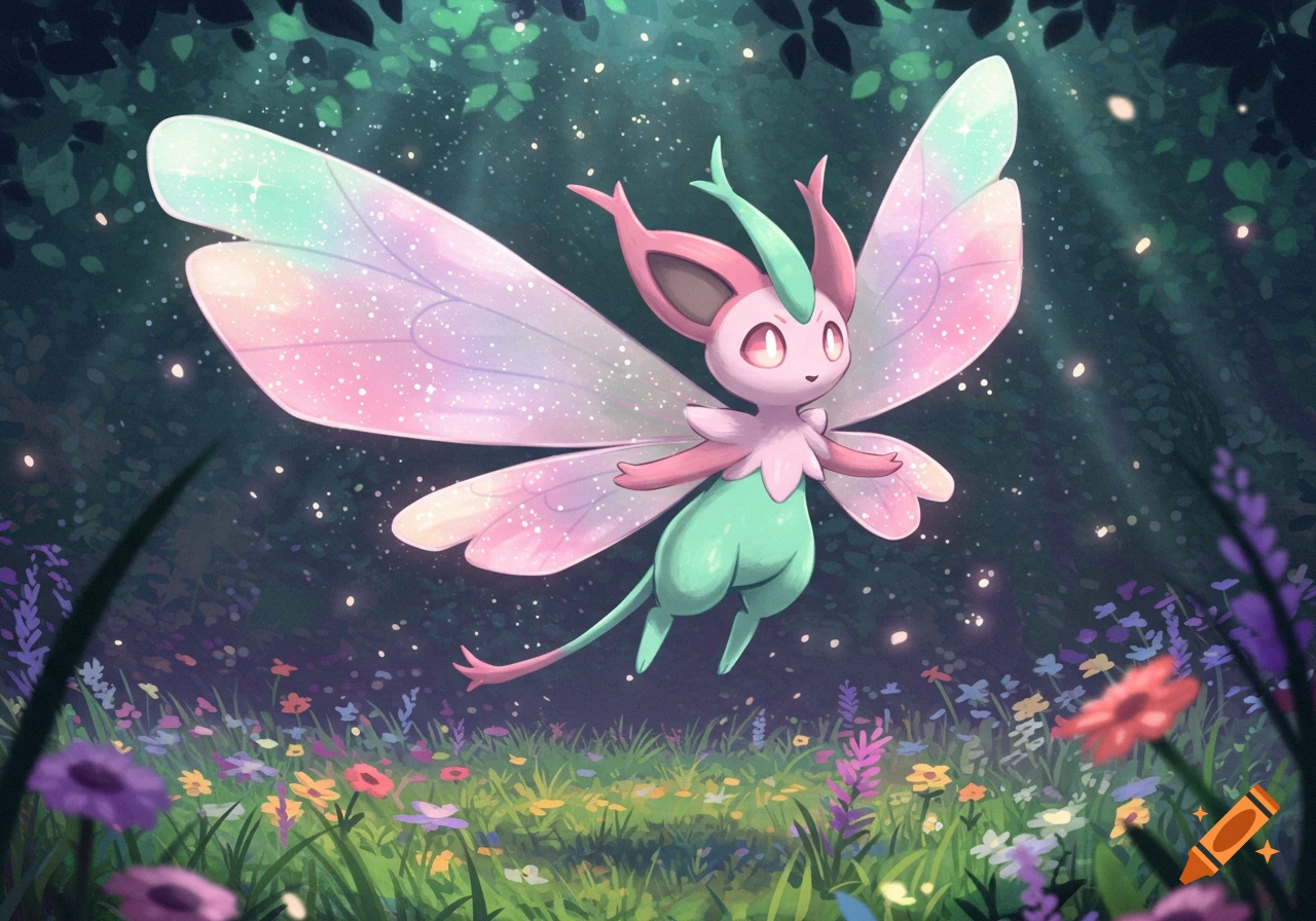 Cute pink and green fairy Pokémon with glittery wings floats in a magical forest with glowing plants and colorful flowers, illustration style.