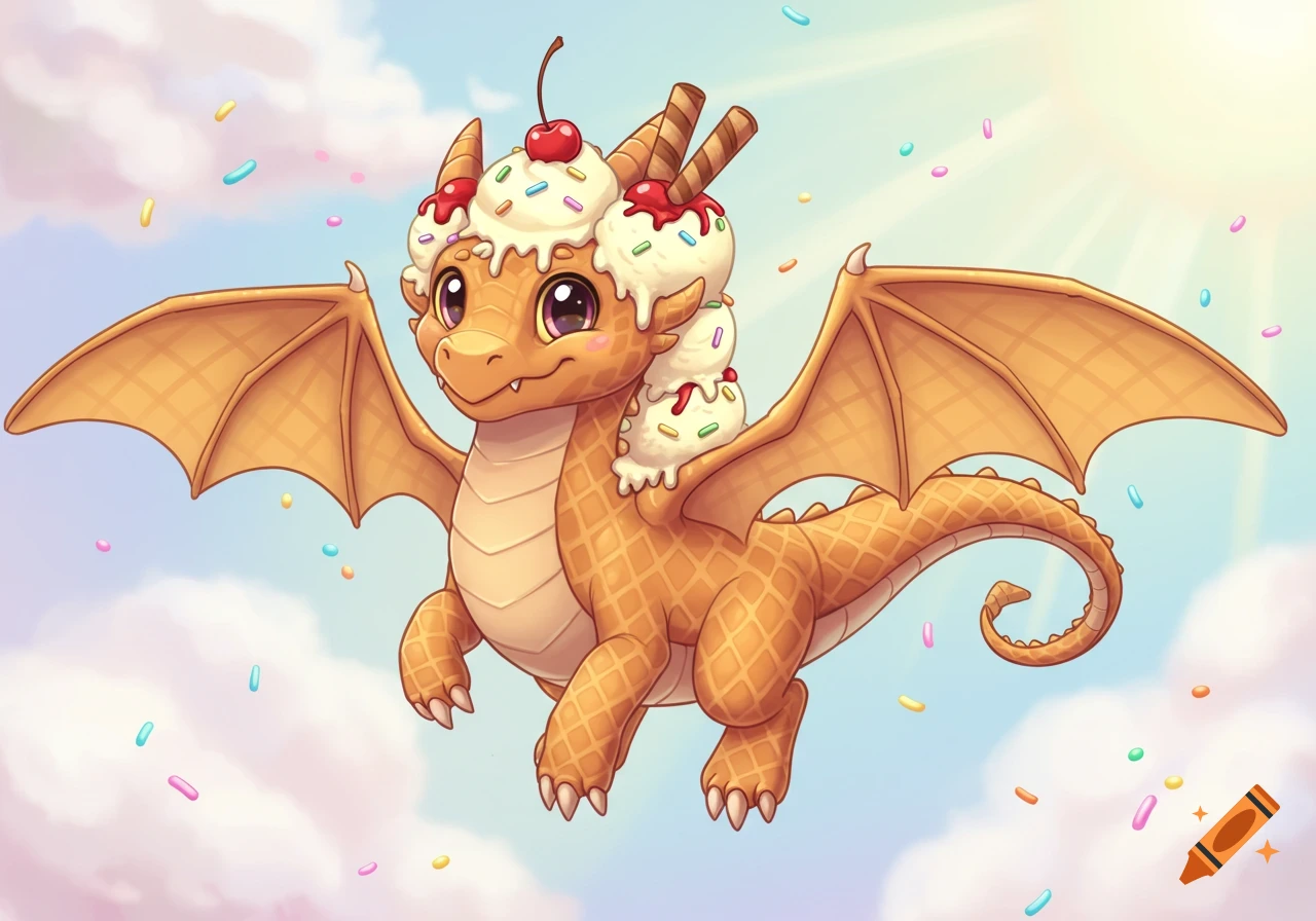 A cute cartoon dragon with waffle cone skin, topped with ice cream, cherries, and wafer sticks, flying in a bright, cloudy sky with sprinkles.
