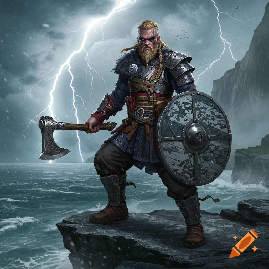 A powerful Viking warrior stands on a cliff by a stormy sea, holding an axe and a shield, with lightning in the sky. Realistic style.