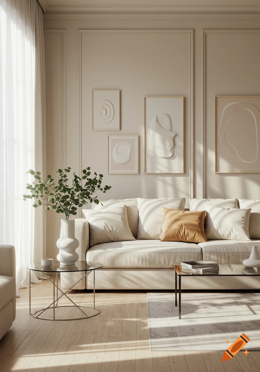 Modern minimalist living room with a beige sofa, glass tables, a plant, and abstract art on the wall. Sunlight casts shadows.