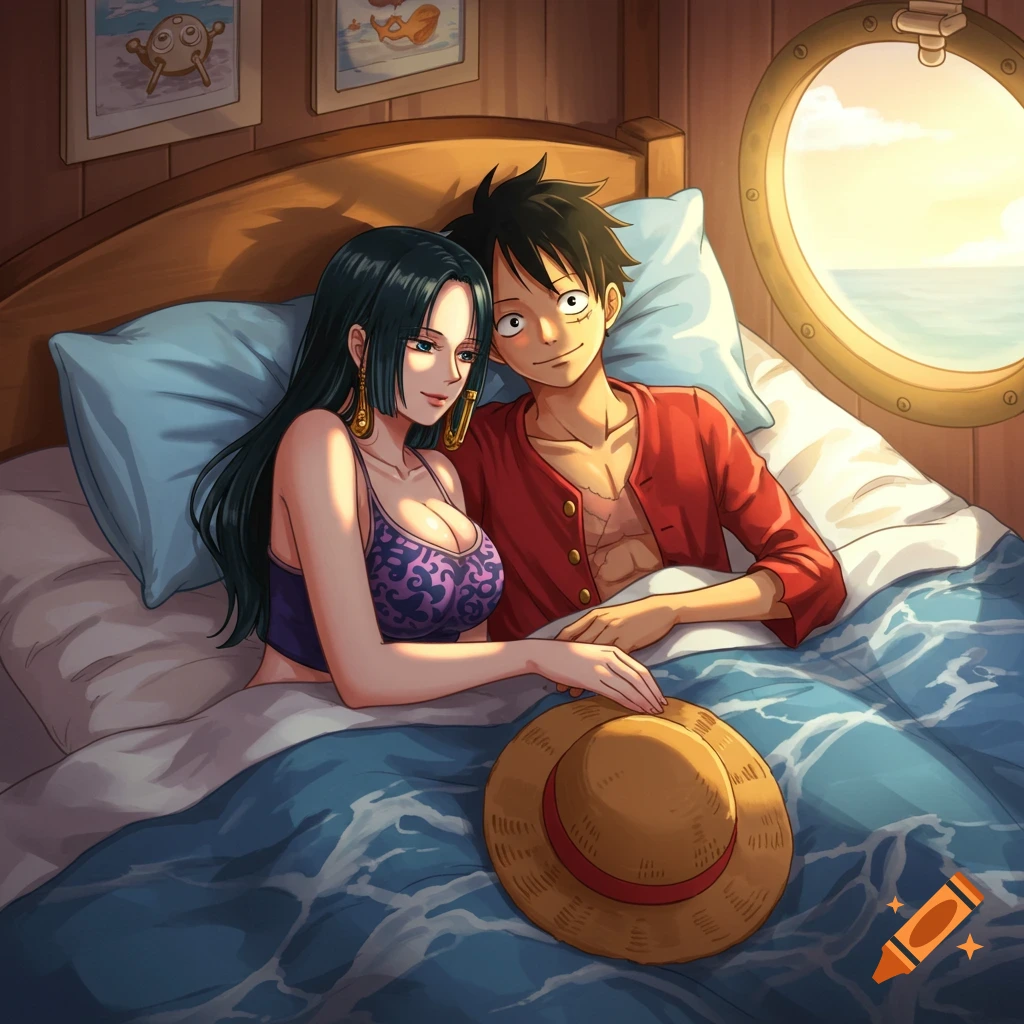 Anime characters Luffy and Boa Hancock cuddle in bed on a ship, holding hands, with a porthole view of the sea.