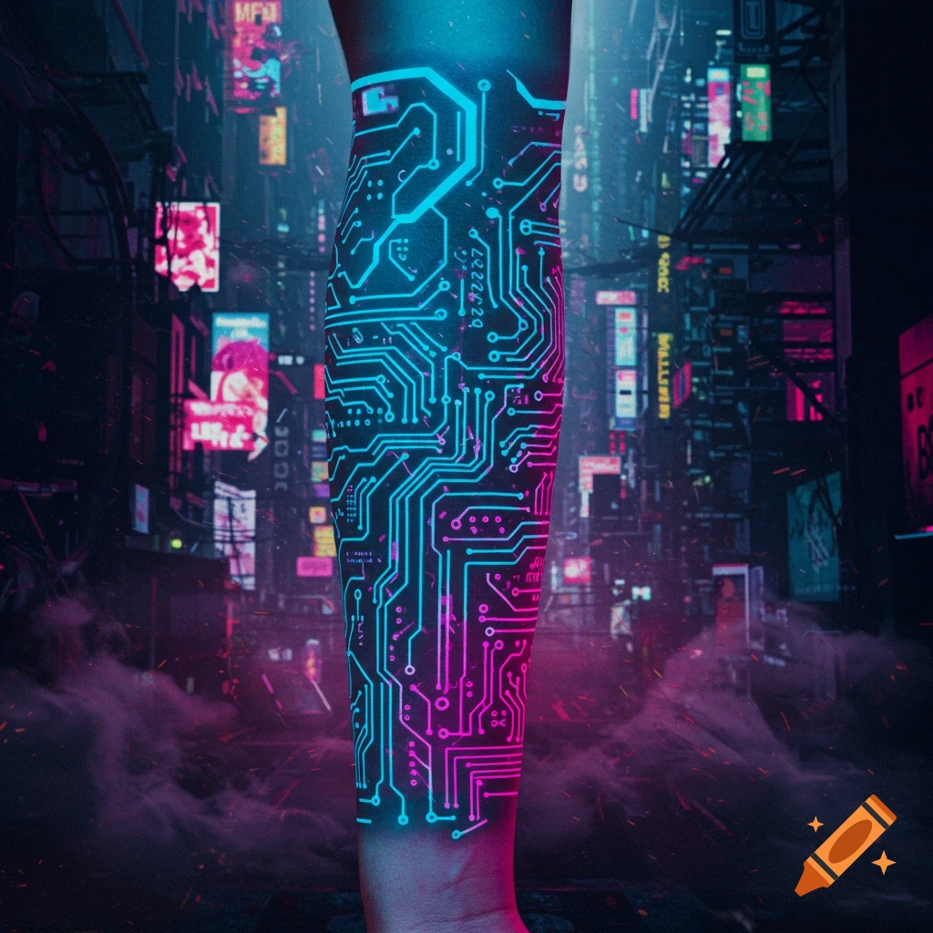 A close-up of a forearm with a glowing neon blue and pink circuit board tattoo, set against a blurry neon-lit cyberpunk city background.
