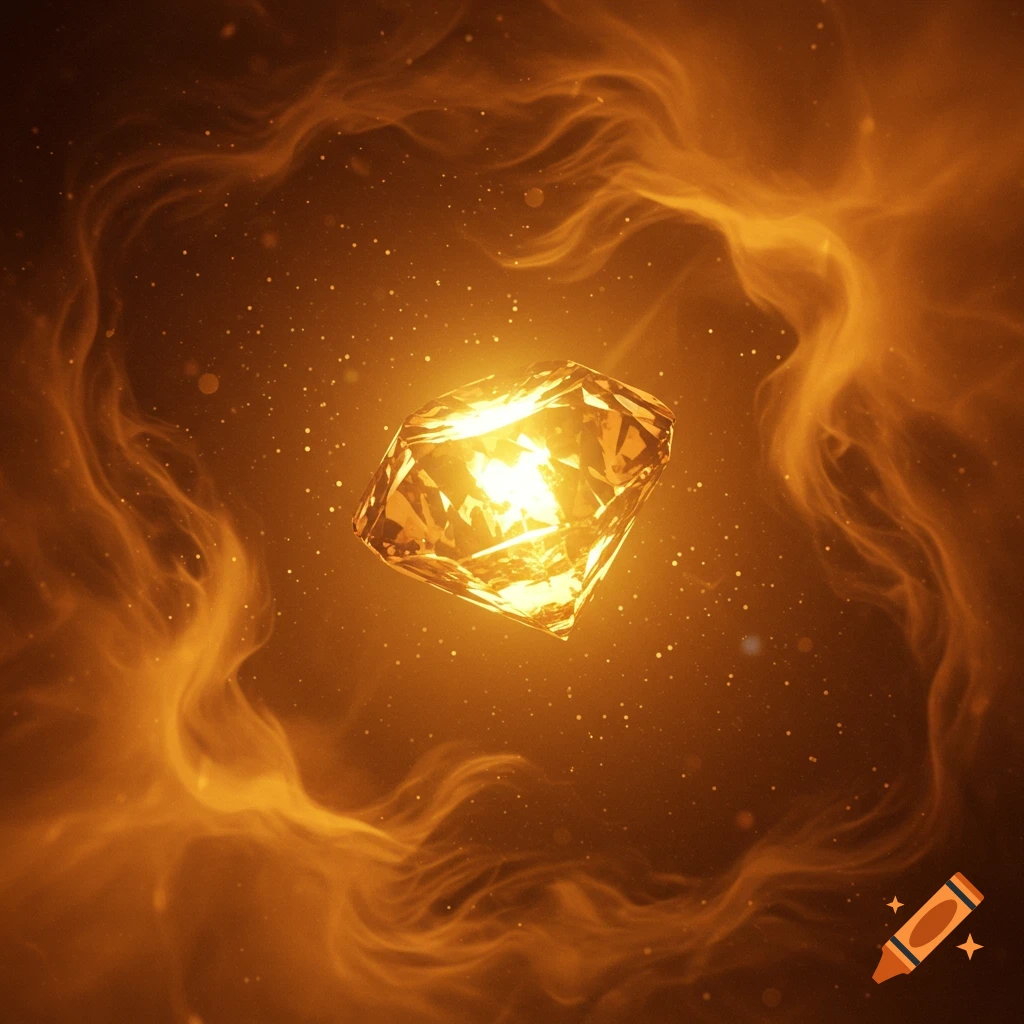 A radiant amber-colored faceted gem floats amidst glowing, swirling golden light and sparkling particles.