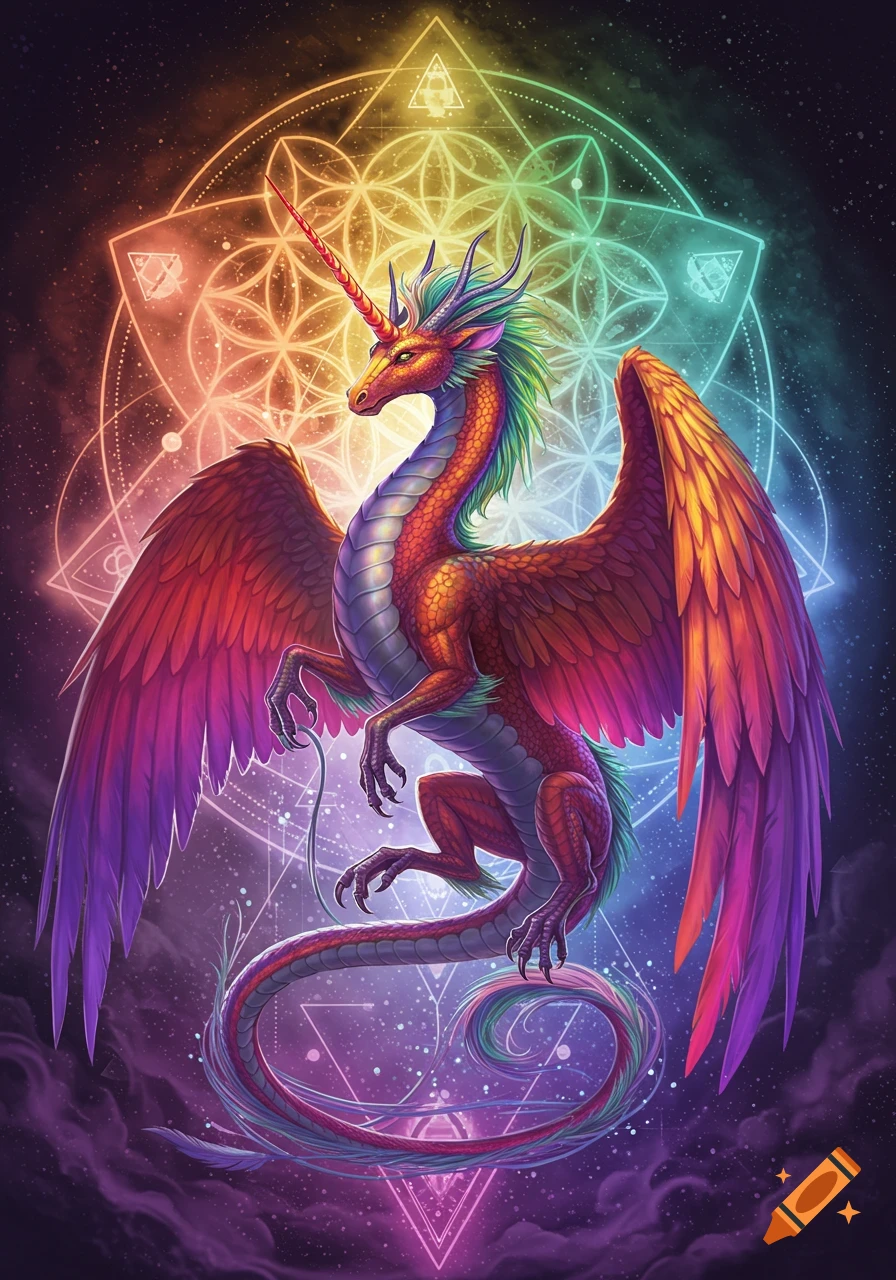 Vibrant rainbow-colored dragon unicorn with large wings, against a dark starry background with glowing sacred geometry patterns in a rainbow gradient.