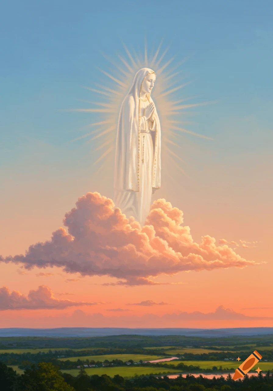 A radiant figure resembling the Virgin Mary stands on pink clouds above a lush green landscape at sunset under a blue sky.