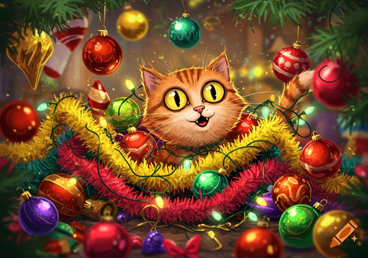 A cheerful cartoon cat with wide eyes is tangled in colorful Christmas tinsel, lights, and ornaments.