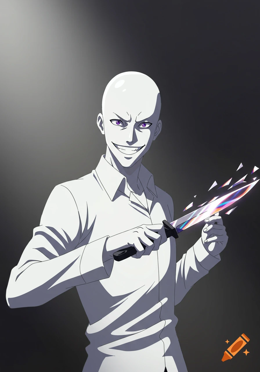 Anime man with a bald head, white shirt, crazed smile, and purple eyes holding a colorful, shattered-blade knife.