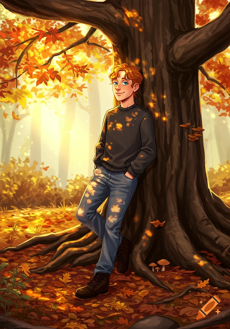 An illustration of a young person with red hair leaning against a large tree in a golden autumn forest, surrounded by fallen leaves.