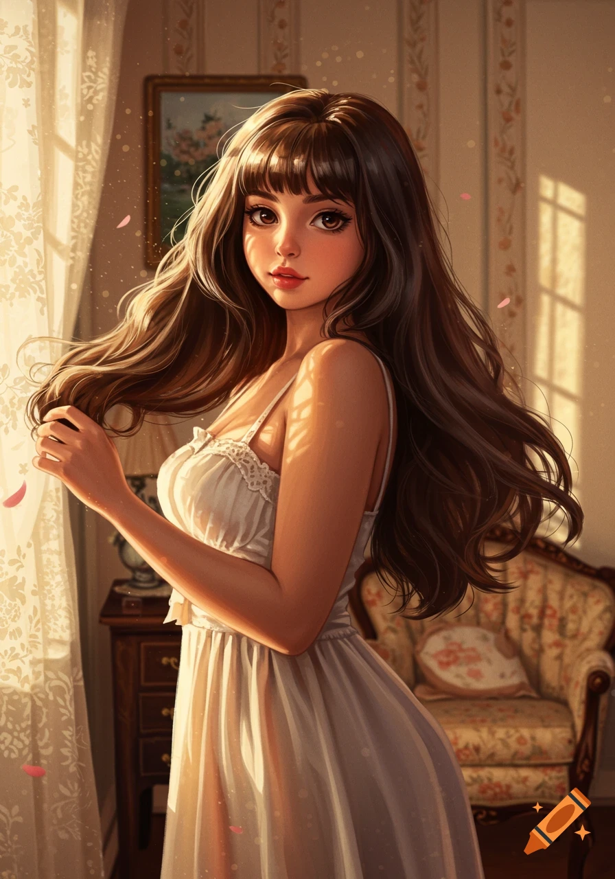 Stylized portrait of a young woman with long brown hair and bangs, wearing a white slip dress, bathed in sunlight in a cozy room.