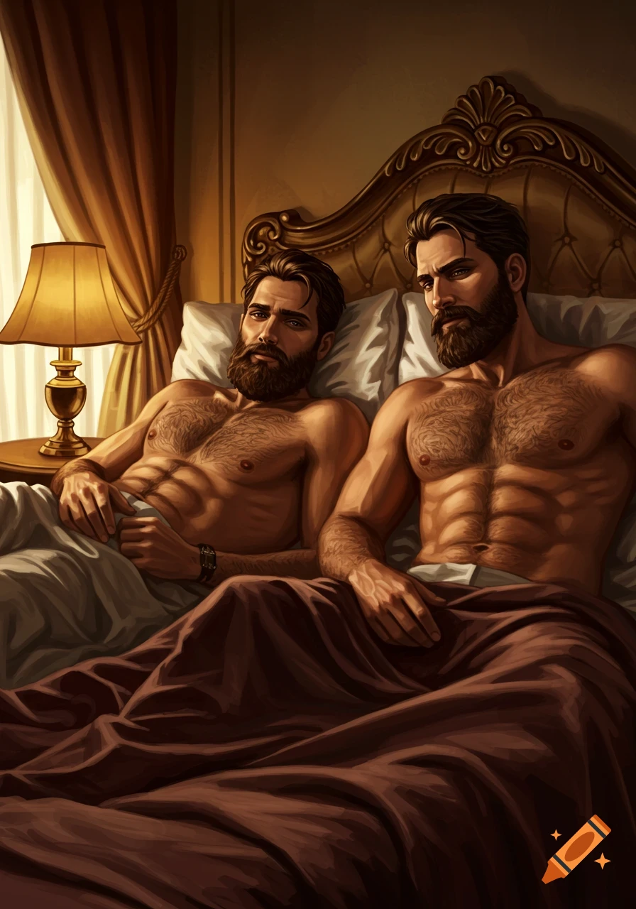 Illustration of two bearded, hairy-chested men lying in a warm, dimly lit bed.