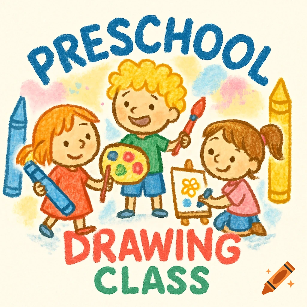 Cartoon illustration of three preschool children drawing with crayons and paint, with text 'PRESCHOOL DRAWING CLASS' in a colorful logo style.
