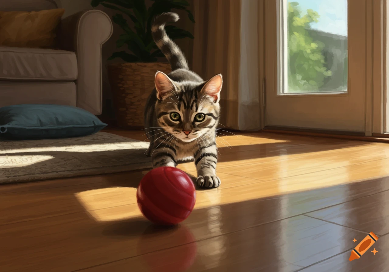 A tabby kitten with green eyes crouches to play with a red ball on a sunlit wooden floor in a living room.