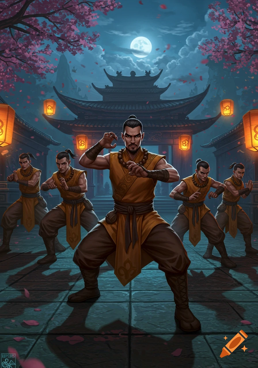 Five monks in martial arts stances at a moonlit East Asian temple courtyard with cherry blossoms and lanterns, digital art.
