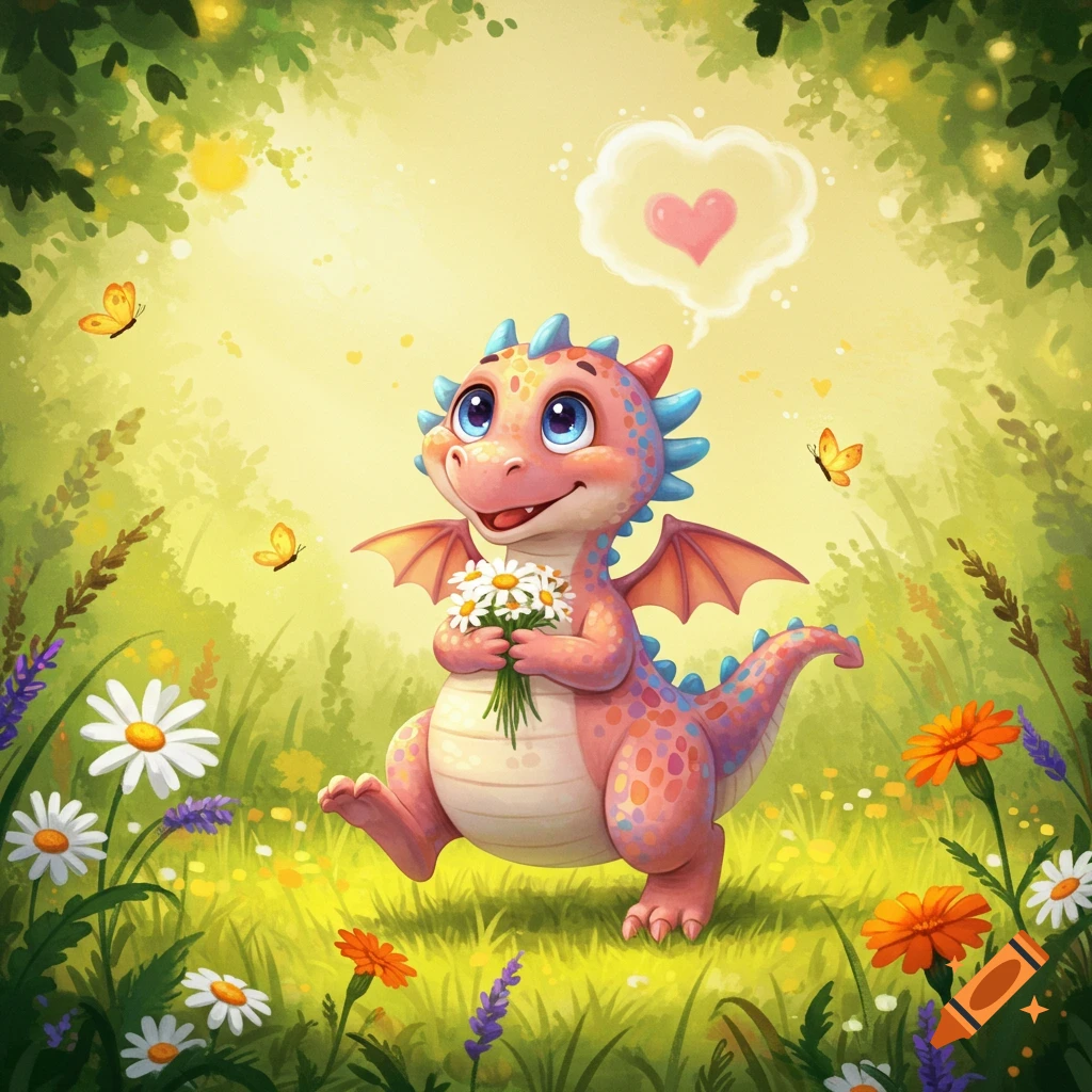 A cute, pink, cartoon dragon with blue accents holds daisies in a sunny, whimsical field with butterflies and wildflowers.