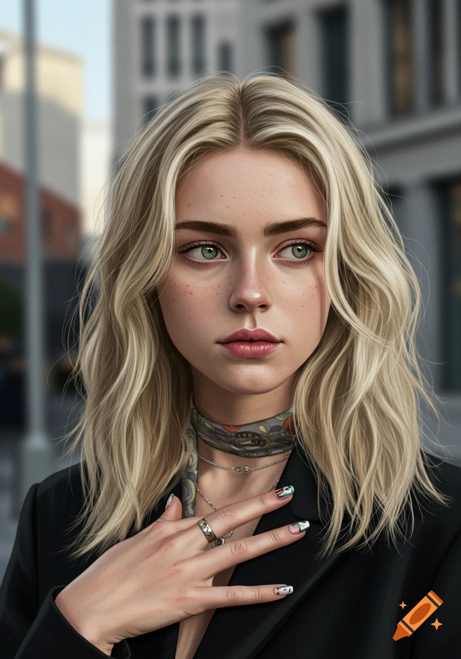 Close-up portrait of a young woman with blonde hair, green eyes, and freckles, wearing a black blazer and a patterned neck scarf. Her hand, with colorful nail polish, is raised to her chest.