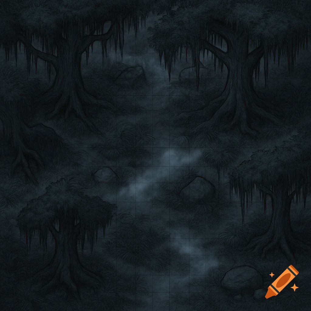 A dark, grid-lined D&D map depicting a spooky black forest with dense haze and gnarled, mossy trees.