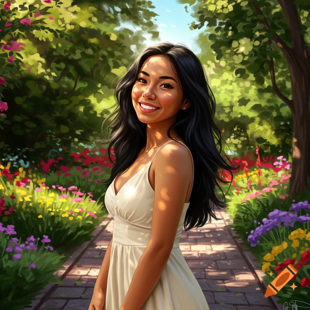A smiling young Latina woman with long dark hair in a white dress stands on a stone path surrounded by colorful flowers and green trees in a digital art style.