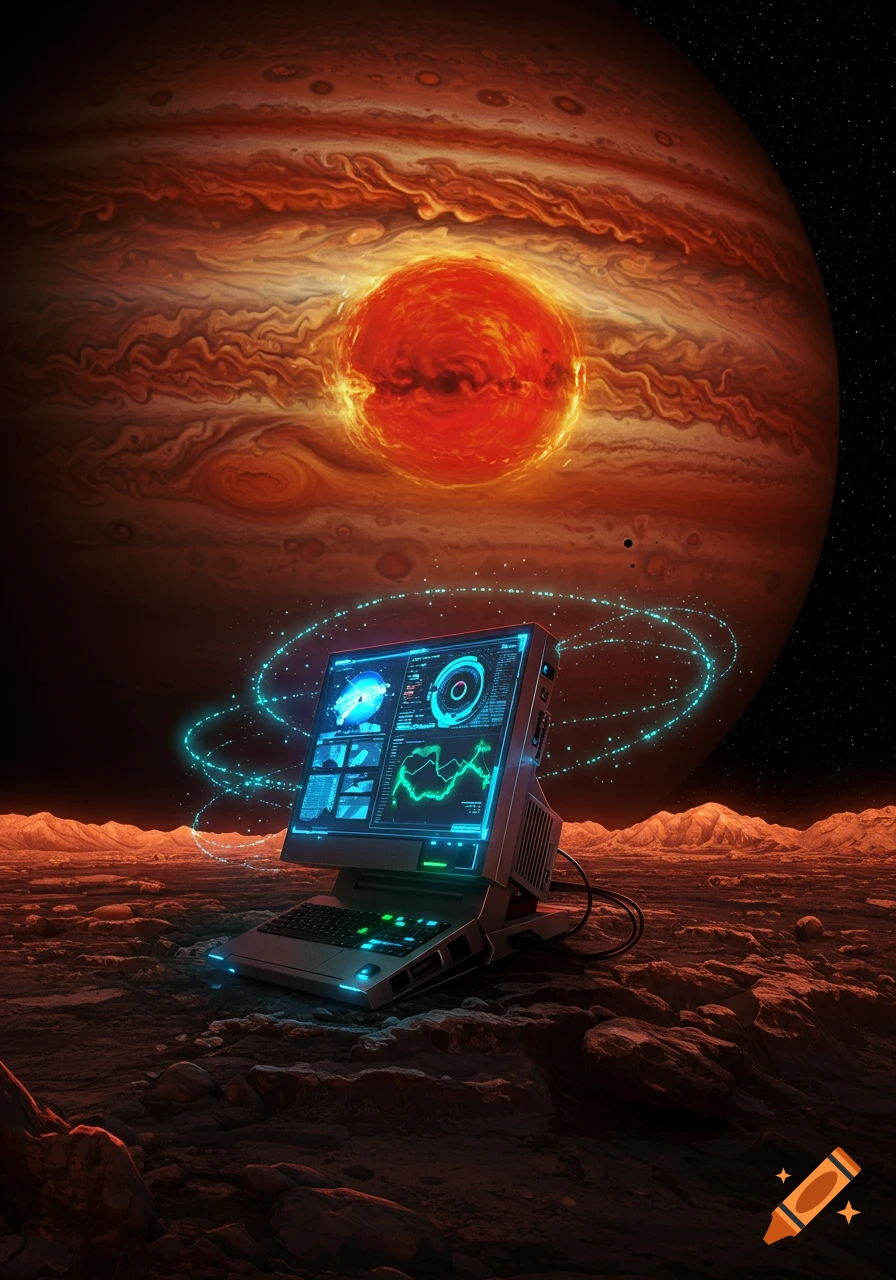 A futuristic computer with glowing blue screens sits on a rocky, reddish planet surface, with a large, swirling orange-red planet resembling Jupiter and a fiery red sphere in the dark space background.