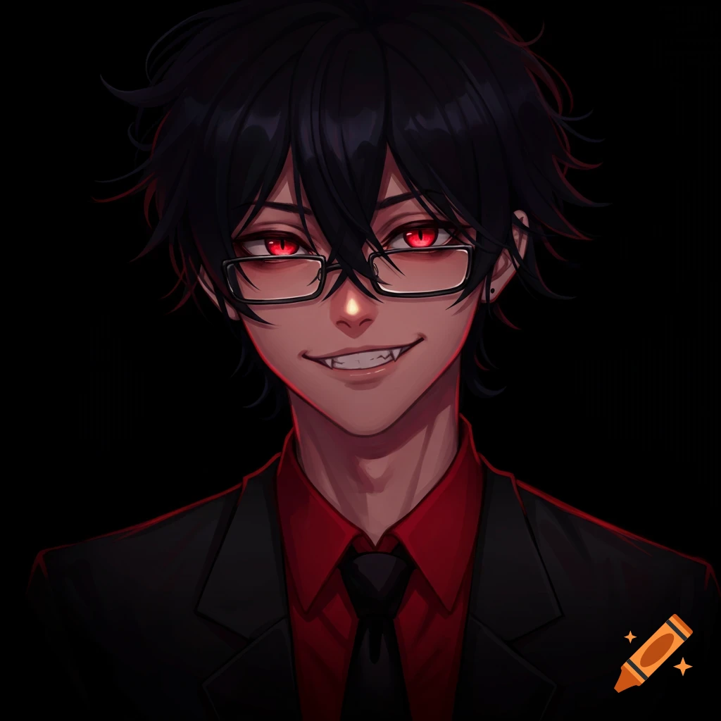 Anime portrait of a young man with black messy hair, red eyes, glasses, and fangs, smiling in a black suit and red shirt.