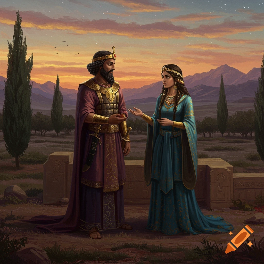 Illustration of an ancient Persian king and queen conversing at sunset, with mountains and cypress trees in the background.