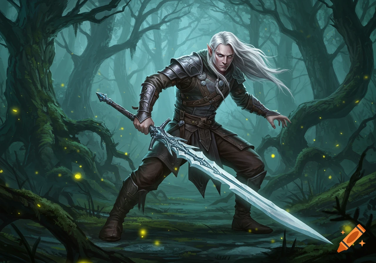 A male elf warrior with white hair wields a large greatsword in a glowing, misty fantasy forest, digital art.