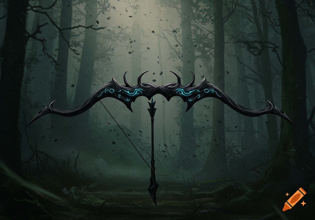 A dark, ornate fantasy bow with glowing blue accents stands upright in a misty, dark forest.