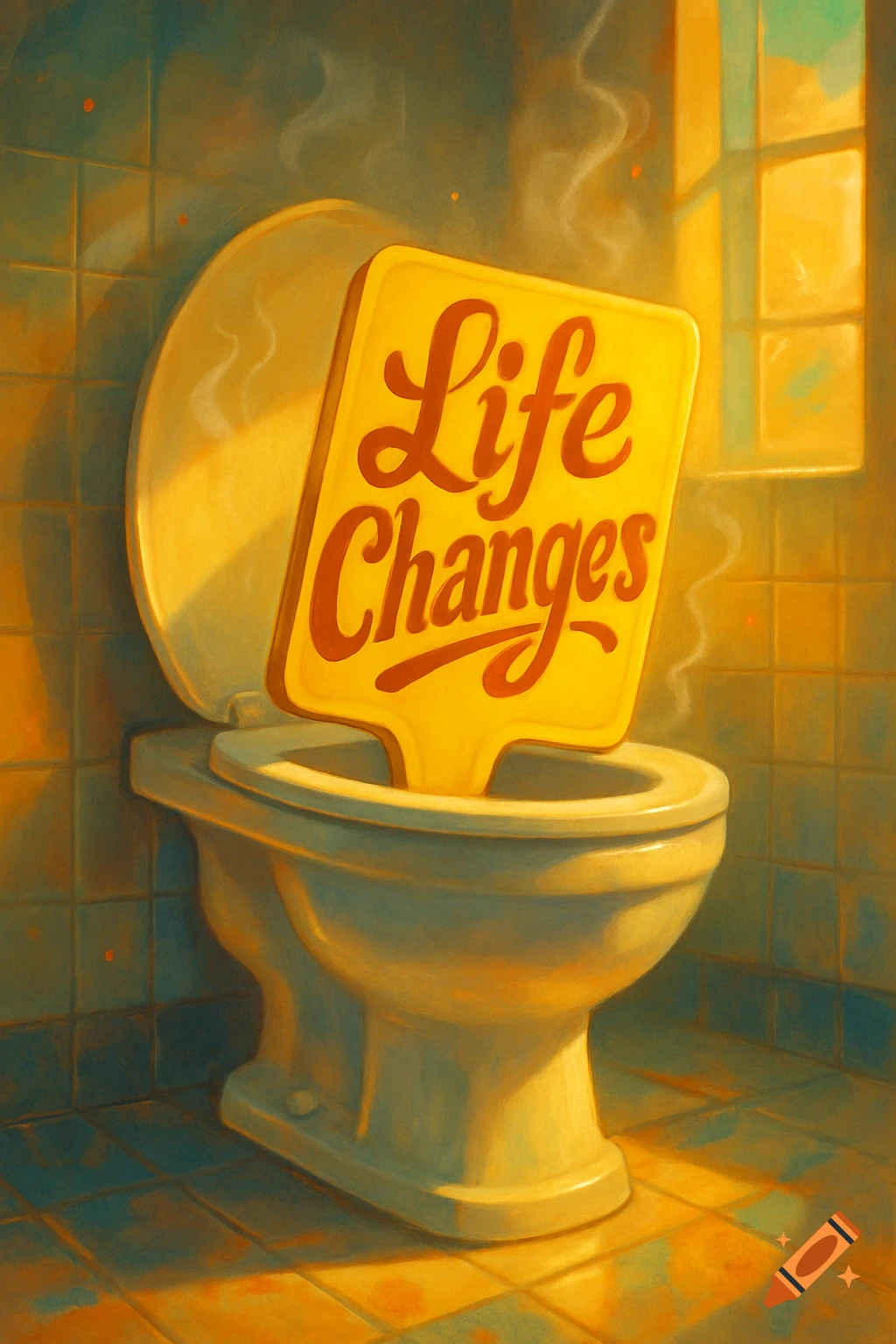 A yellow sign with the words "Life Changes" emerging from a toilet in a warm, painterly style.