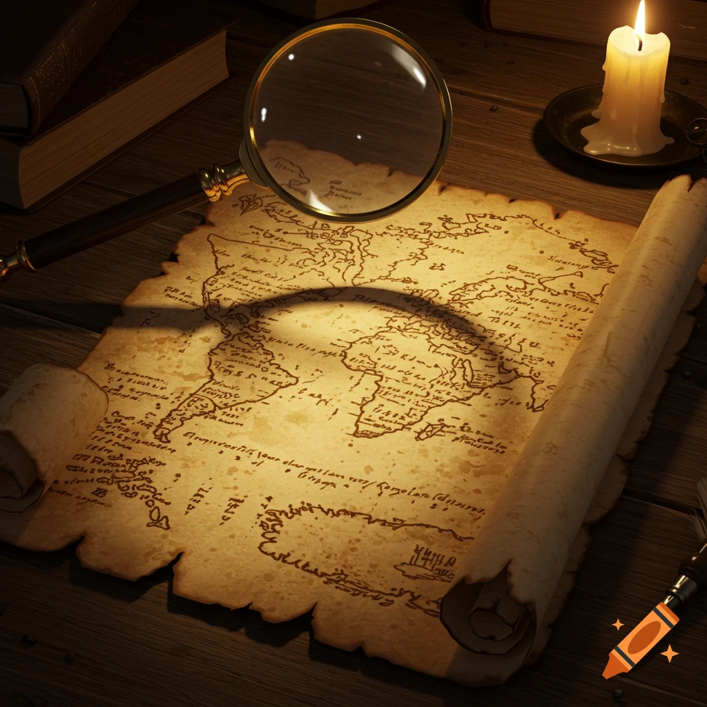 An ancient, rolled-up parchment map is spread on a wooden table, illuminated by a lit candle. A magnifying glass rests on the map, casting a shadow.
