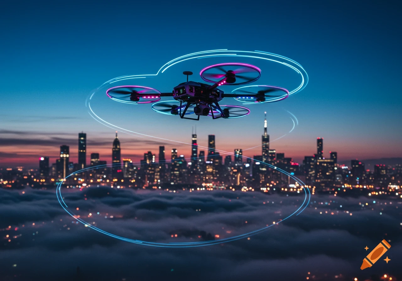 A futuristic drone with glowing propellers flies above a city skyline with clouds and lights at dusk.