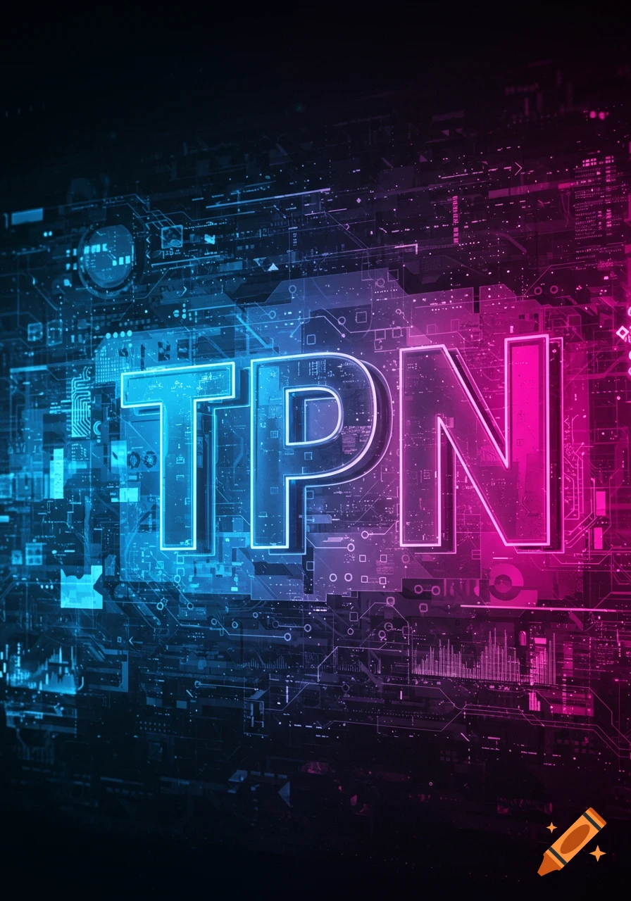 Glowing blue and pink TPN letters on a dark, futuristic circuit board background.
