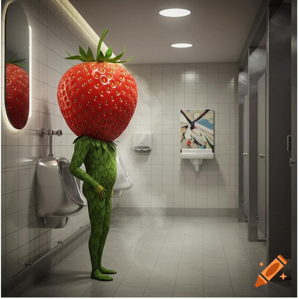 A photorealistic image of a man with a large strawberry head and a green leafy suit standing at a urinal in a clean public restroom.