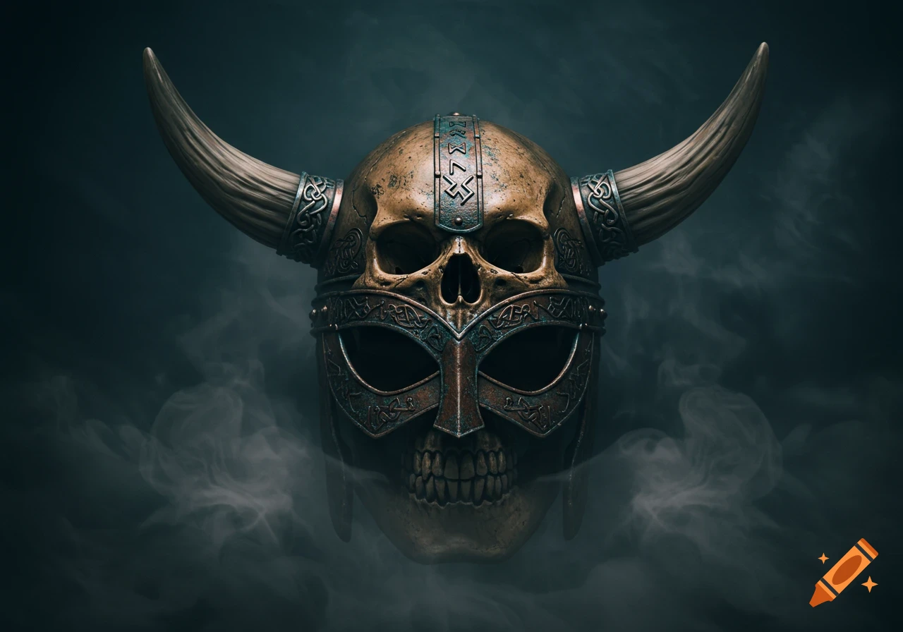 A detailed, close-up artwork of a skull wearing an ornate bronze and copper horned Viking helmet with intricate Celtic knot patterns, shrouded in mist against a dark background.