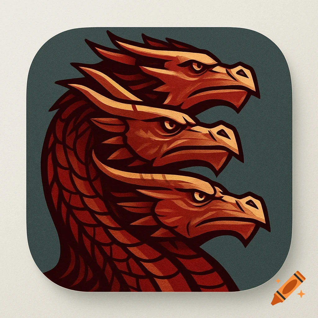 Stylized logo featuring three stacked, reddish-brown dragon heads with golden accents, on a dark green rounded square background.