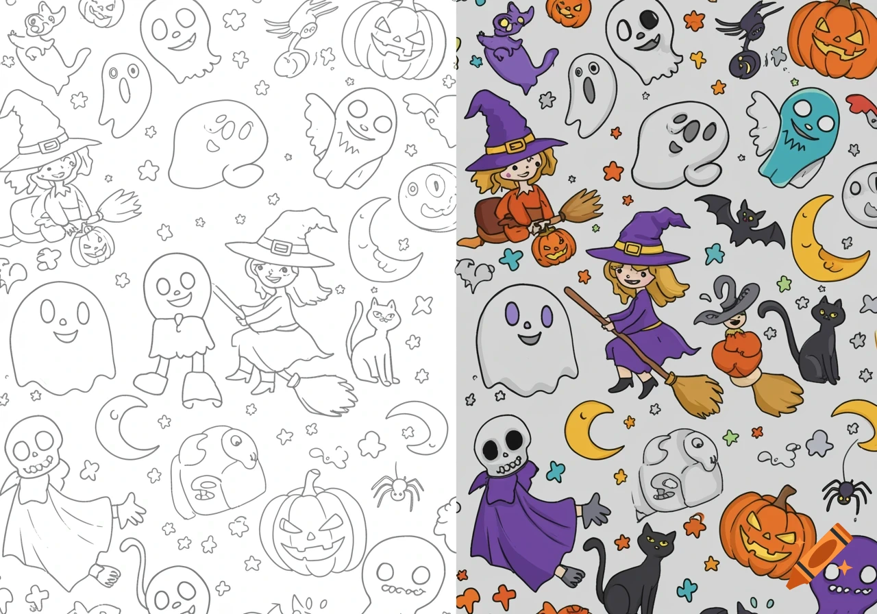 A cartoon Halloween pattern featuring witches, ghosts, pumpkins, and cats, with the left side as line art and the right side colored.