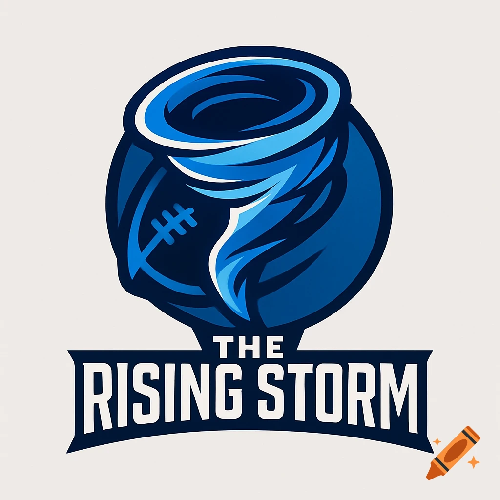 A blue and white logo for a fantasy football team. It features a stylized football within a swirling vortex, with the text "THE RISING STORM" below.
