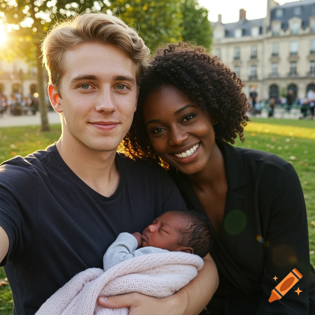 A multiracial couple, a blonde man holding a newborn baby and an African woman, smiling at the camera in a sunny park.