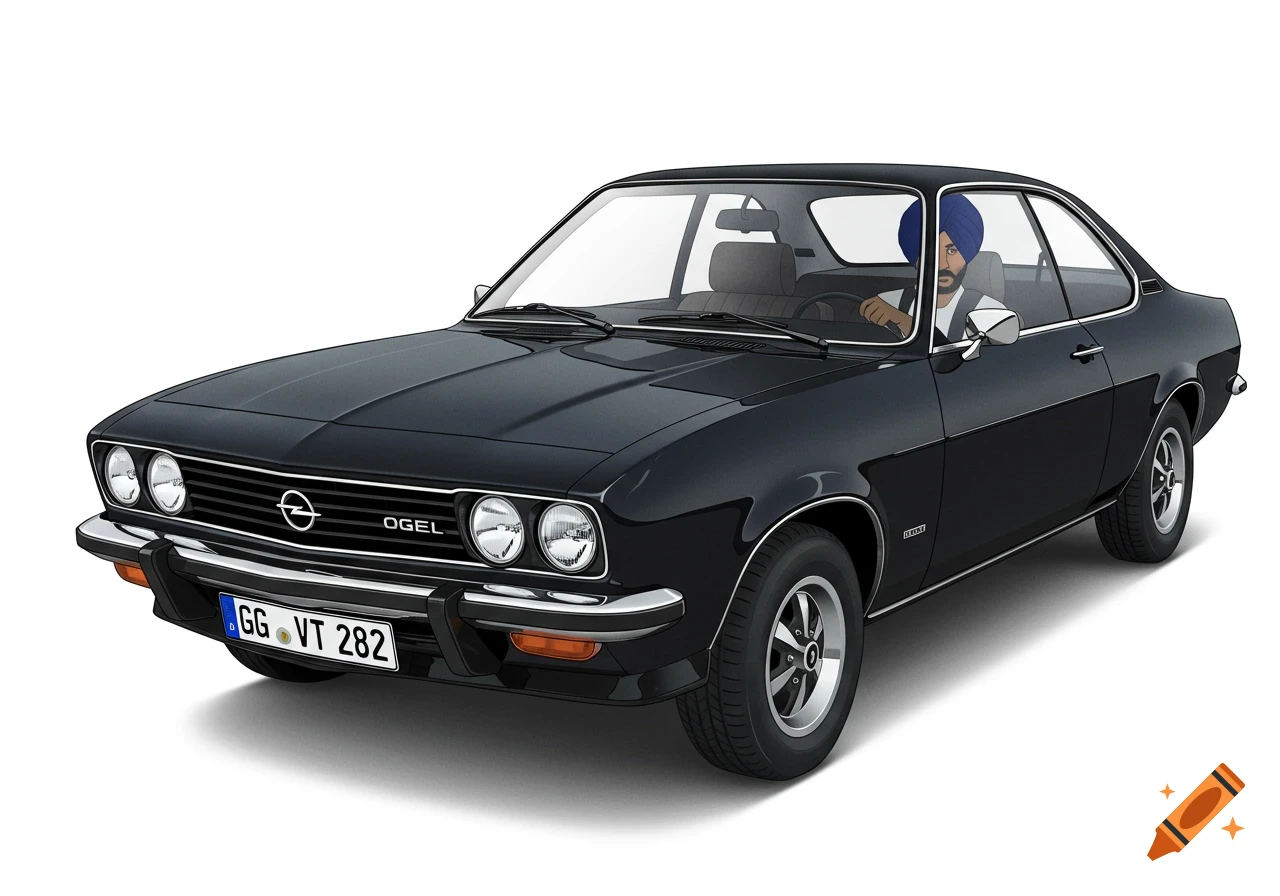 A black 1973 Opel Manta coupe, driven by a man wearing a blue turban, depicted in an illustration style on a white background.