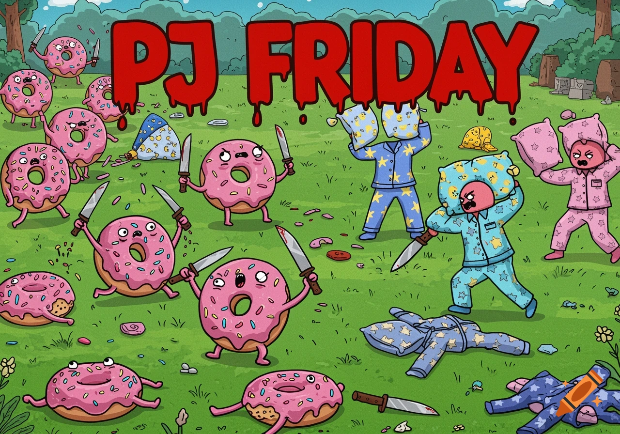 Whimsical cartoon depicting armed donuts attacking pajama-wearing characters with pillows in a field, with 'PJ FRIDAY' in bloody font.