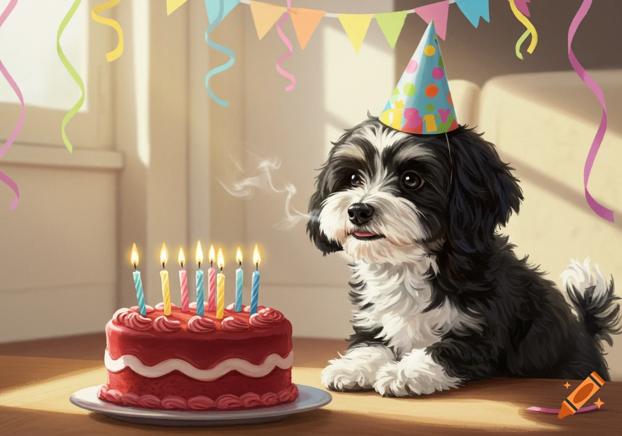A black and white Havanese dog wearing a party hat, sitting next to a red birthday cake with lit candles, with smoke rising from some candles.