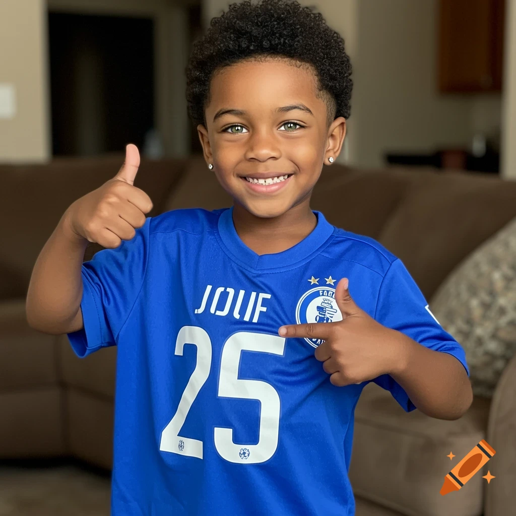 A smiling young boy with green eyes and curly hair, wearing a blue soccer jersey, gives a thumbs up and points at his shirt while standing indoors.