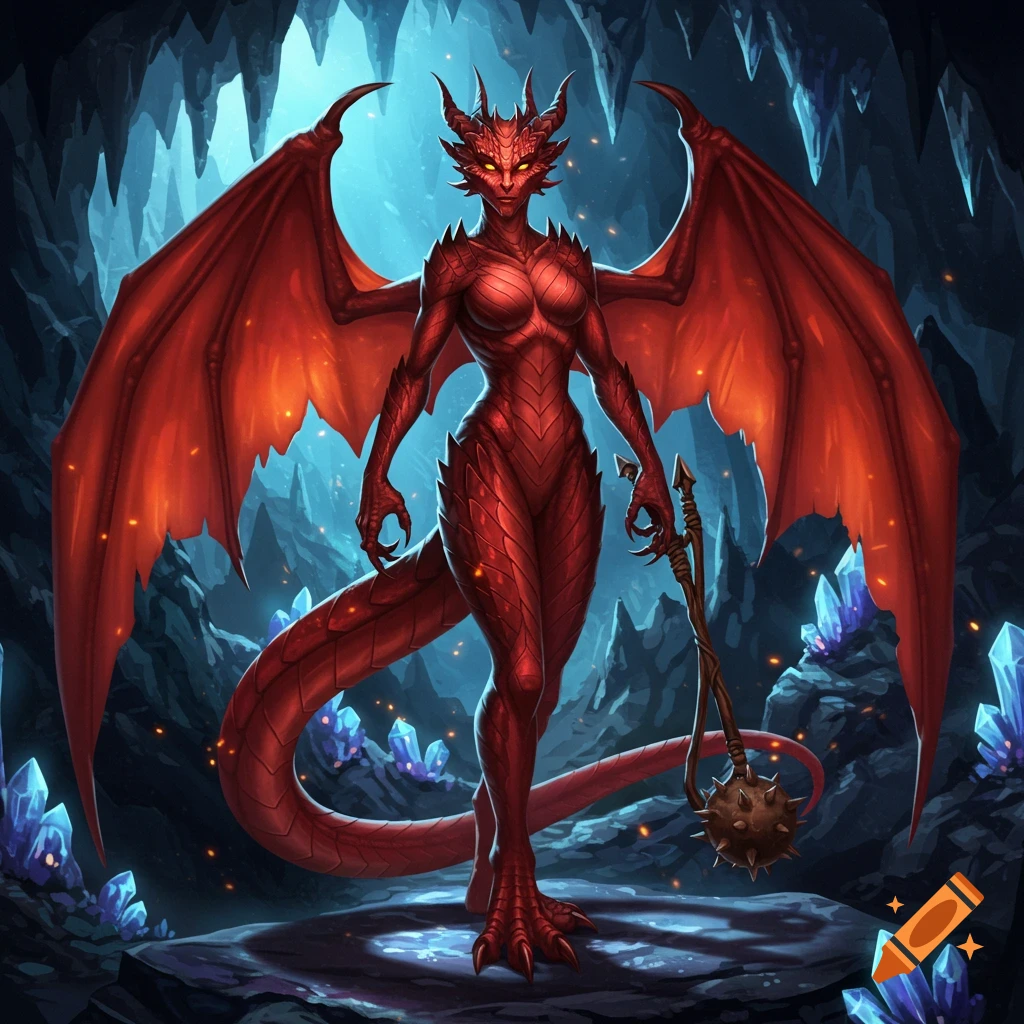 A red humanoid dragon woman with large wings, claws, glowing eyes, and a mace-like tail stands in a dark cave illuminated by blue crystals.