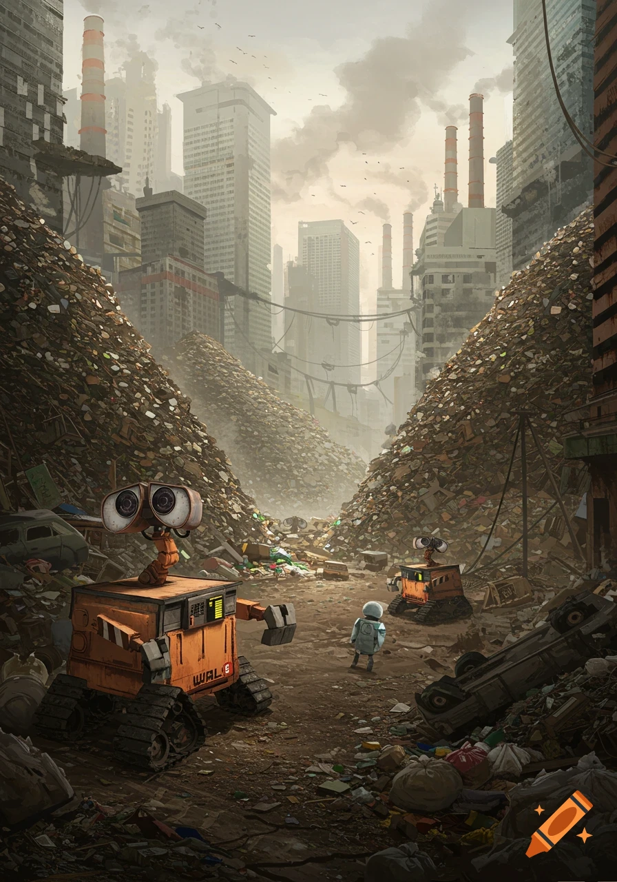 A post-apocalyptic cityscape choked with immense piles of garbage, with three WALL-E-like robots amidst the waste, under a hazy sky.