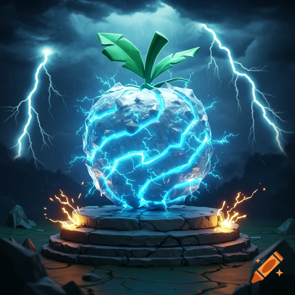 A glowing, icy fruit with blue electricity sits on a stone pedestal under a stormy sky with lightning bolts. Stylized fantasy art.