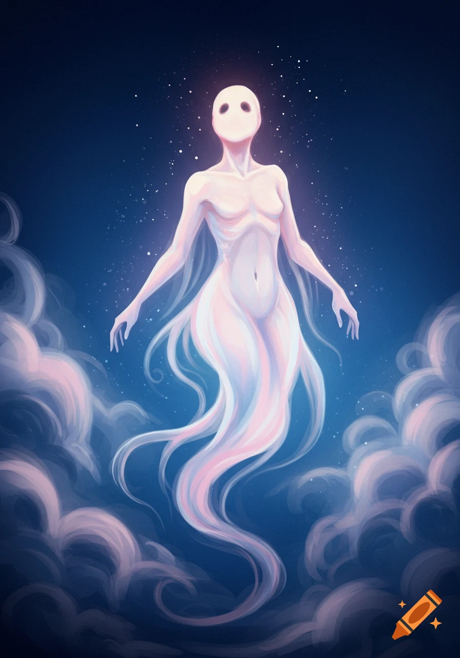 Ethereal, glowing figure with a featureless face floats among pink clouds in a dark, starry sky. Abstract digital art.