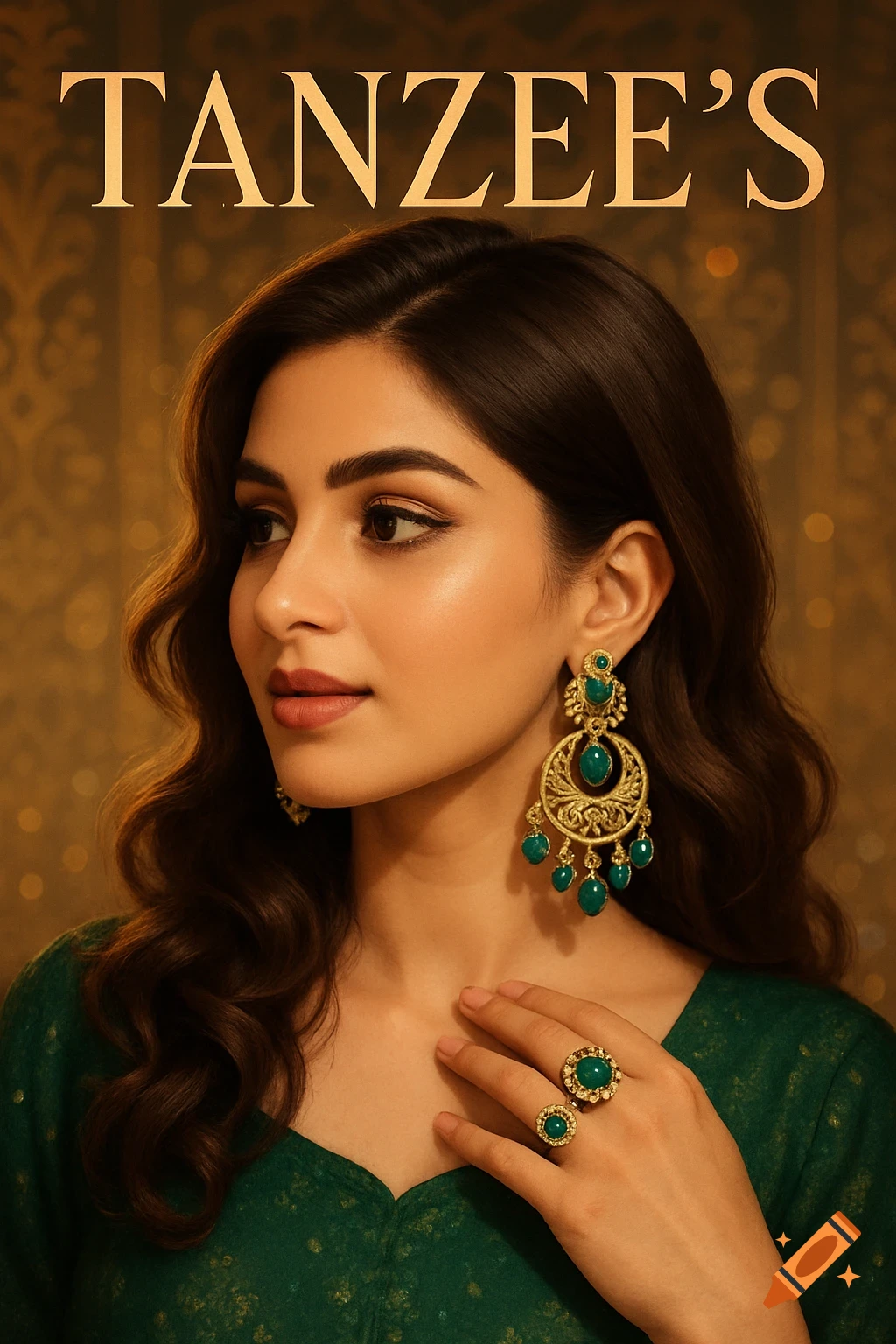 Woman in green, wearing elegant gold and emerald earrings and rings, with 'TANZEE'S' at the top.