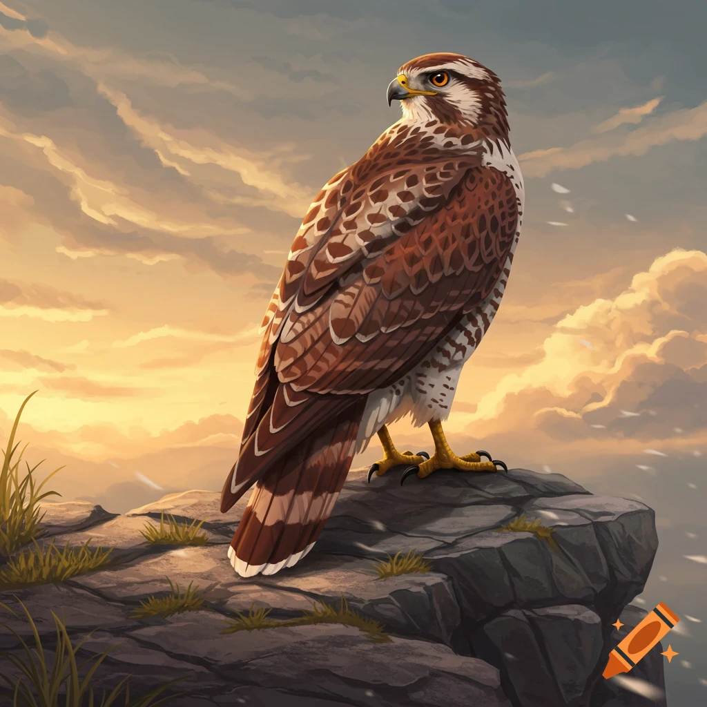 A detailed illustration of a brown and white hawk perched on a rock against a cloudy sunset sky.